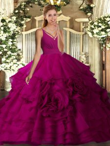 Glorious V-neck Sleeveless Organza Quinceanera Gowns Ruffled Layers Backless