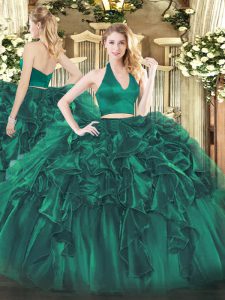 Edgy Ruffles Ball Gown Prom Dress Dark Green Zipper Sleeveless Floor Length