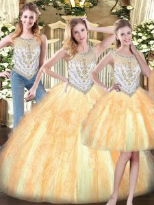 Perfect Floor Length Gold 15 Quinceanera Dress Organza Sleeveless Beading and Ruffles