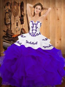 Custom Fit White And Purple Strapless Lace Up Embroidery and Ruffles Quince Ball Gowns Sleeveless