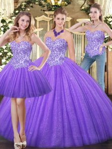 Chic Sweetheart Sleeveless Tulle Quince Ball Gowns Appliques Zipper