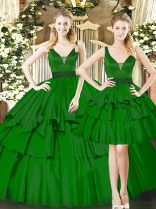 Dark Green Ball Gowns Organza Straps Sleeveless Beading and Ruching Floor Length Lace Up Sweet 16 Dresses