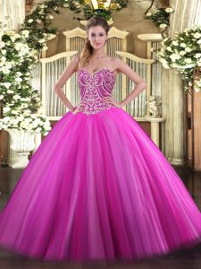 Fuchsia Tulle Lace Up Sweet 16 Dresses Sleeveless Floor Length Beading