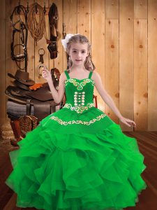 Fantastic Embroidery and Ruffles Kids Formal Wear Green Lace Up Sleeveless Floor Length