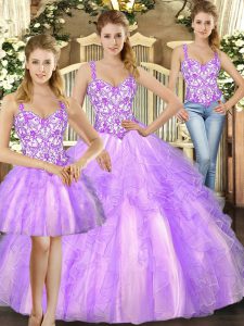 Floor Length Lace Up 15th Birthday Dress Lilac for Military Ball and Sweet 16 and Quinceanera with Beading and Ruffles