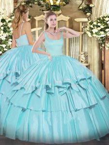 Floor Length Aqua Blue Sweet 16 Dresses Organza and Taffeta Sleeveless Beading and Ruffled Layers