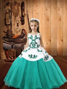 Gorgeous Embroidery Little Girl Pageant Gowns Aqua Blue Lace Up Sleeveless Floor Length