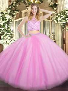 Beautiful Lilac Tulle Zipper High-neck Sleeveless Floor Length Ball Gown Prom Dress Beading and Ruffles