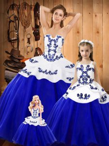 Blue Strapless Neckline Embroidery Sweet 16 Quinceanera Dress Sleeveless Lace Up