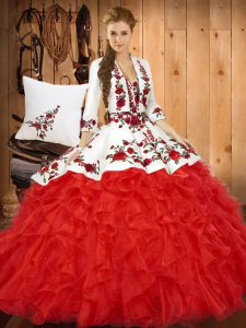 Trendy Sleeveless Tulle Floor Length Lace Up Quinceanera Gowns in Red with Embroidery and Ruffles