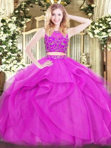 Custom Fit Fuchsia Scoop Neckline Beading and Ruffles Vestidos de Quinceanera Sleeveless Zipper