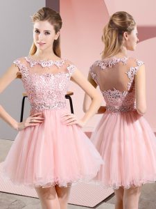 Baby Pink A-line Beading and Lace Dama Dress Side Zipper Tulle Sleeveless Knee Length