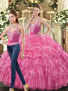 Sleeveless Floor Length Beading and Ruffles and Pick Ups Lace Up Sweet 16 Dresses with Hot Pink