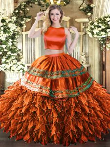 High-neck Sleeveless Quinceanera Dresses Floor Length Ruffles and Sequins Rust Red Tulle