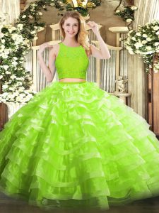 High Class Sleeveless Zipper Floor Length Lace and Ruffled Layers Vestidos de Quinceanera