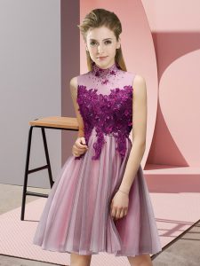 Baby Pink Tulle Lace Up High-neck Sleeveless Mini Length Dama Dress for Quinceanera Appliques