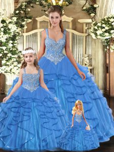 Lovely Beading and Ruffles Quinceanera Gowns Aqua Blue Lace Up Sleeveless Floor Length