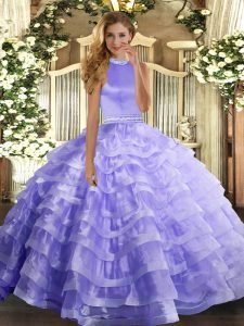 Lavender Organza Backless Halter Top Sleeveless Floor Length 15 Quinceanera Dress Beading and Ruffled Layers