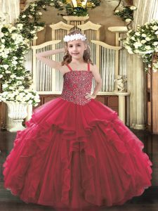 Perfect Red Sleeveless Floor Length Beading and Ruffles Lace Up Kids Pageant Dress