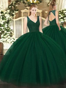 Flirting Sleeveless Tulle and Sequined Floor Length Zipper Quinceanera Gown in Dark Green with Beading