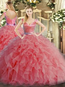 Dramatic Watermelon Red Ball Gowns Organza V-neck Sleeveless Ruffles Floor Length Zipper Quinceanera Gown