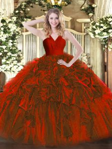 Shining Wine Red Organza Zipper V-neck Sleeveless Floor Length Quince Ball Gowns Ruffles