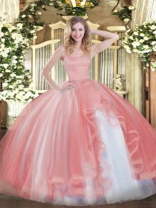 Gorgeous Straps Sleeveless 15th Birthday Dress Floor Length Beading Coral Red Tulle