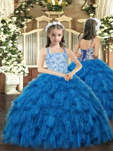 Lovely Blue Ball Gowns Straps Sleeveless Organza Floor Length Lace Up Beading and Ruffles Little Girls Pageant Dress Wholesale