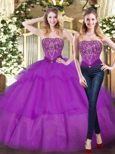 Fashion Sleeveless Floor Length Beading and Ruffled Layers Lace Up Quinceanera Gowns with Eggplant Purple