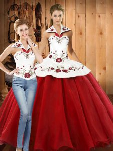 Embroidery 15 Quinceanera Dress White And Red Lace Up Sleeveless Floor Length