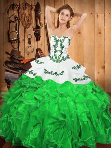 Clearance Strapless Sleeveless Satin and Organza 15th Birthday Dress Embroidery and Ruffles Lace Up