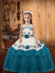 Latest Sleeveless Organza Floor Length Lace Up Glitz Pageant Dress in Teal with Embroidery and Ruffled Layers