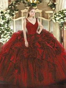 Cute Floor Length Zipper Quinceanera Dress Wine Red for Sweet 16 and Quinceanera with Beading and Ruffles