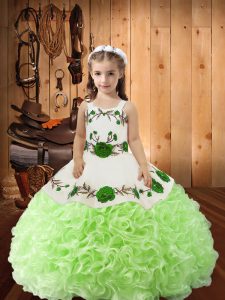 Pretty Yellow Green Lace Up Straps Embroidery and Ruffles Pageant Dress Fabric With Rolling Flowers Sleeveless