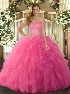 Edgy Ruffles Ball Gown Prom Dress Hot Pink Lace Up Sleeveless Floor Length