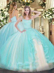 Graceful Floor Length Zipper Vestidos de Quinceanera Aqua Blue for Military Ball and Sweet 16 and Quinceanera with Beading