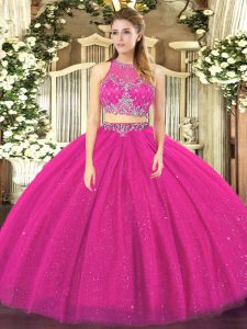 Fuchsia Sleeveless Tulle Zipper Ball Gown Prom Dress for Military Ball and Sweet 16 and Quinceanera