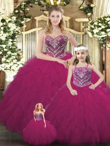 New Style Fuchsia Lace Up Quinceanera Gown Beading and Ruffles Sleeveless Floor Length