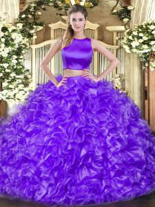 Floor Length Criss Cross Ball Gown Prom Dress Eggplant Purple for Military Ball and Sweet 16 and Quinceanera with Ruffles