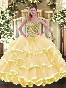 Gold Ball Gowns Sweetheart Sleeveless Organza Floor Length Lace Up Beading and Ruffled Layers Vestidos de Quinceanera