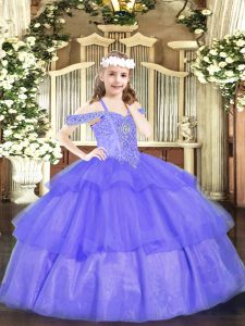 Lavender Organza Lace Up Off The Shoulder Sleeveless Floor Length Little Girls Pageant Dress Beading and Ruffled Layers