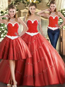 Shining Sleeveless Tulle Floor Length Lace Up Ball Gown Prom Dress in Coral Red with Beading