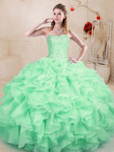 High Class Apple Green Organza Lace Up Quinceanera Gown Sleeveless Floor Length Beading and Ruffles