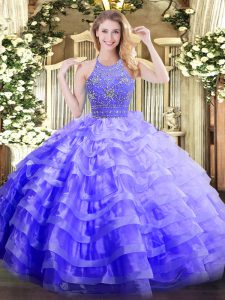 Attractive Organza Halter Top Sleeveless Zipper Beading and Ruffled Layers Quinceanera Dresses in Lavender