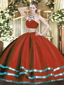 Wine Red Ball Gown Prom Dress Military Ball and Sweet 16 and Quinceanera with Beading High-neck Sleeveless Backless