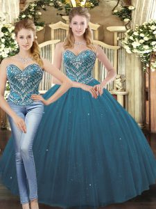 Discount Teal Sleeveless Floor Length Beading and Ruffles Lace Up Quinceanera Gown