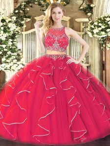 Coral Red Zipper Scoop Ruffles Ball Gown Prom Dress Organza Sleeveless