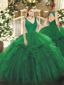 Eye-catching Dark Green V-neck Backless Beading and Lace and Ruffles Quinceanera Gowns Sleeveless