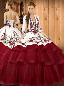 Great Wine Red Ball Gowns Organza Sweetheart Sleeveless Embroidery Lace Up Sweet 16 Quinceanera Dress Sweep Train