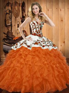 Organza Sweetheart Sleeveless Lace Up Embroidery and Ruffles 15th Birthday Dress in Orange Red